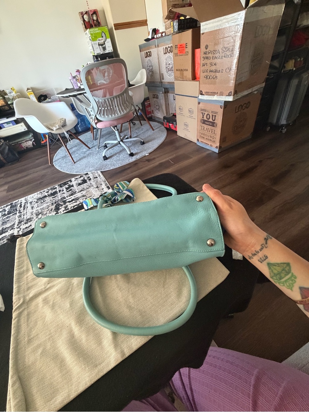Structured Mint Green Top-Handle Satchel with Scarf - Picture 9 of 9